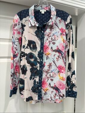 Sundance Navy Blue Printed Button-Up Blouse with Pink Floral Trim